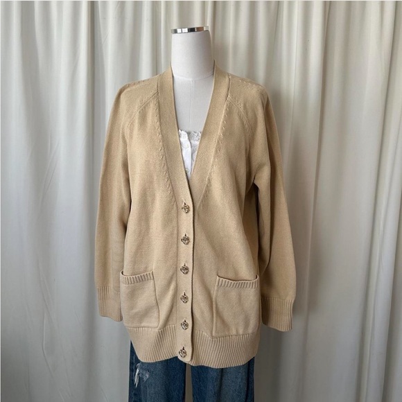 Lands' End Women's Drifter Varsity Vneck Relaxed Cardigan Sweater size Large. - Picture 2 of 8